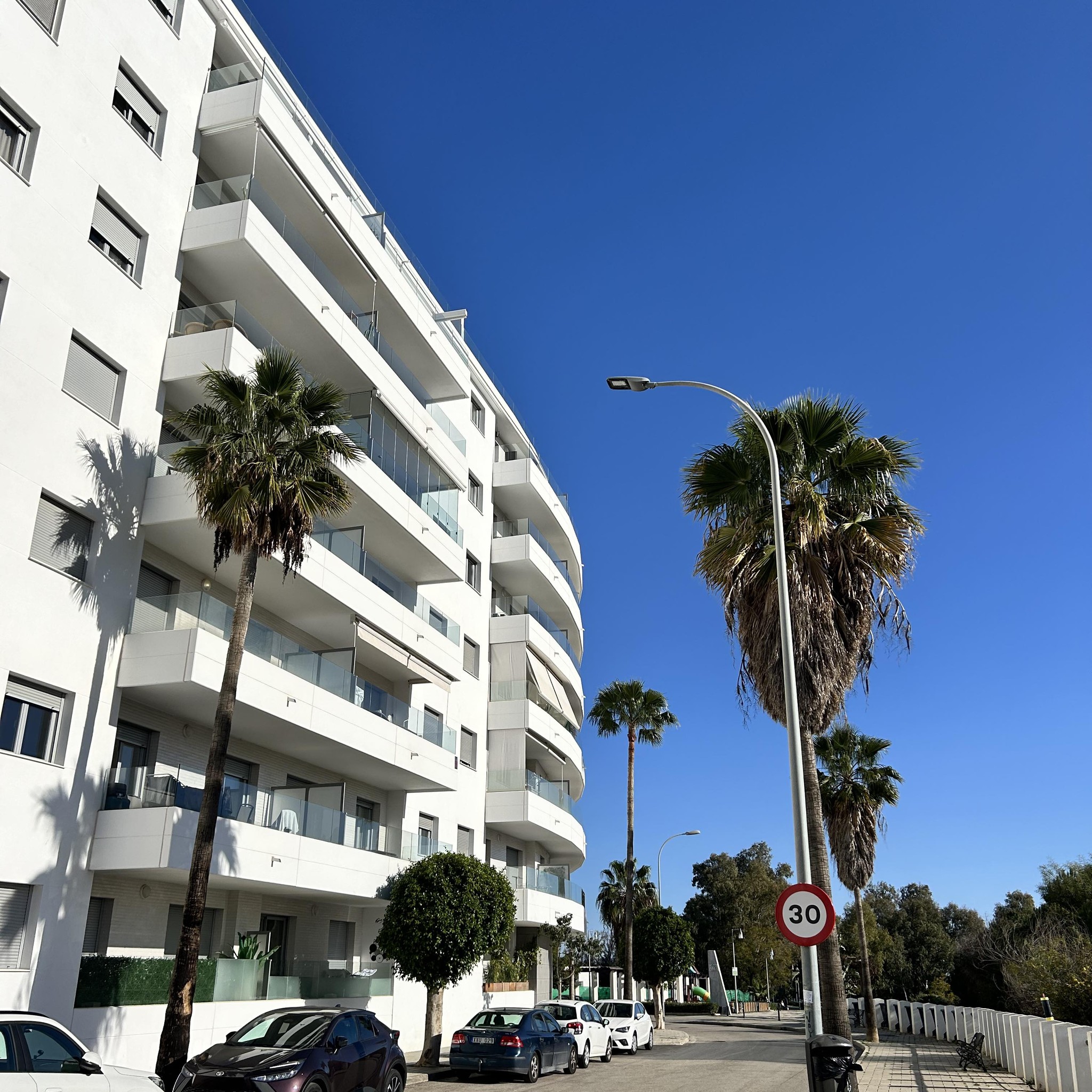 Gebouw exterieur Residencia Jardin del Rio met palmbomen